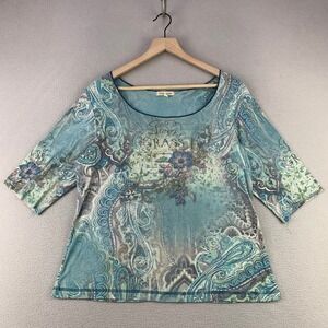 xcit u.s.a. Leaves of Grass Top Women XL Blue Paisley Floral 3/4 Sleeve Y2K